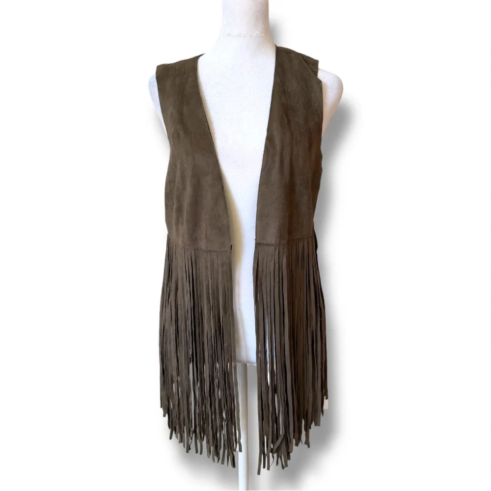 FATE Woodstock Olive Green Faux Suede Fringe Vest Western Festival Boho  Small - Picture 8 of 13